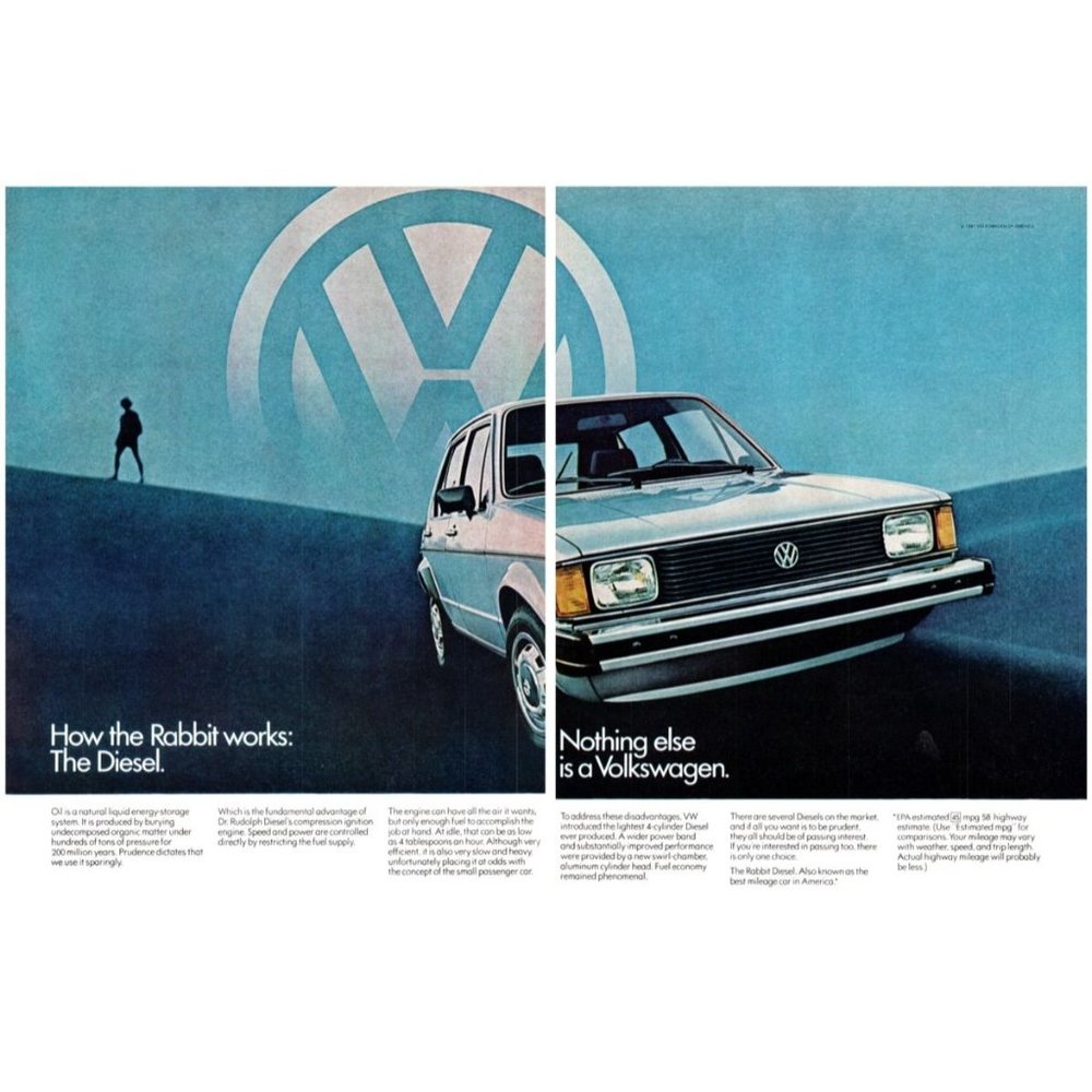 1982 VW Volkswagen Rabbit Diesel 2 Page Vintage Print Ad Blue Navy Horizon Art